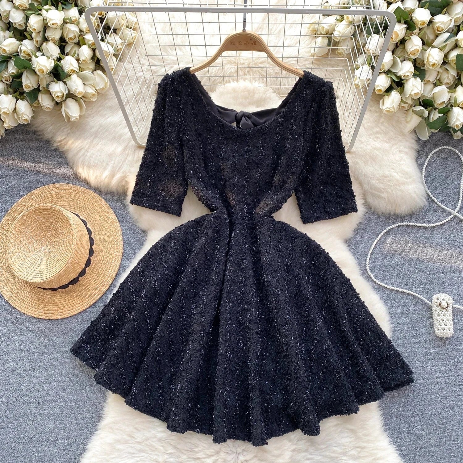 S / Black High-End Bright Silk Slim Short Pommel Skirt Bow Little Black Dress Female Temperament Dress