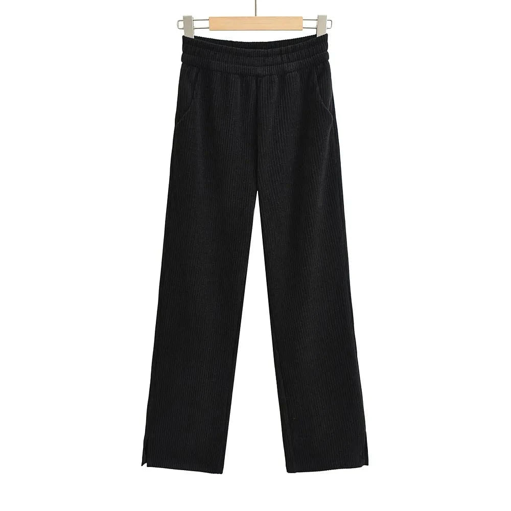 S / Black High Quality Chenille Loose Ladies Sweatpants Leg Side Seam Split Elastic Waistband Female Trousers Joggers Women