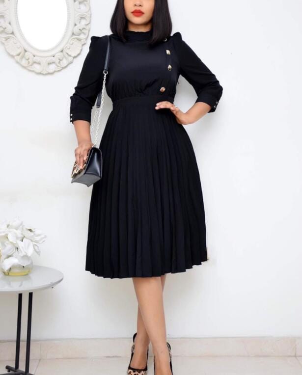 S / black High Waist Button Soild Elegant Pleated Women Office Career Dresses