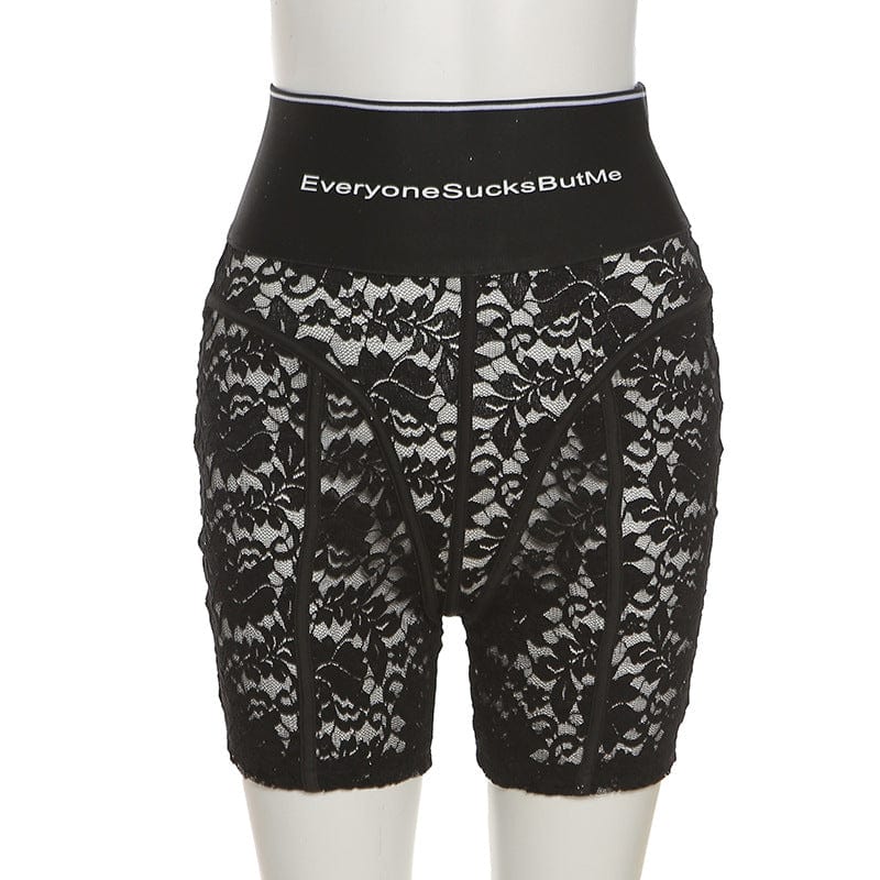 S / Black Hot Sale Nightclub Lady High Waist Zipper Shorts See Through Patchwork Pants Women Letter Black Lace Shorts