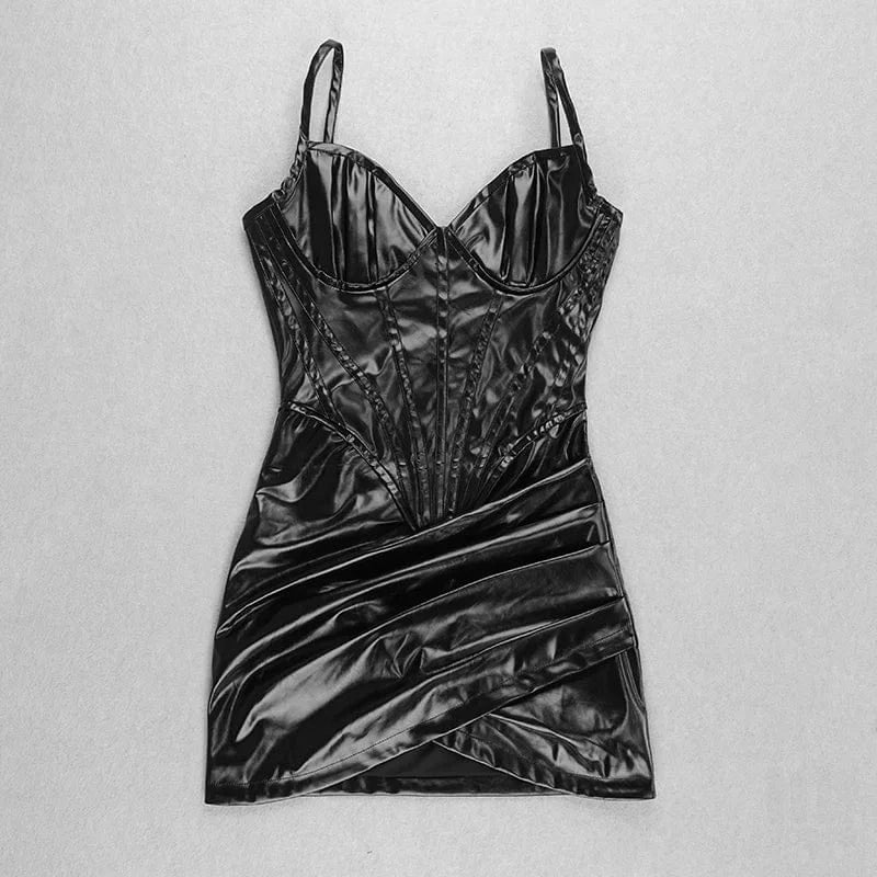 S / Black Hot women PU strap sexy mini club dresses leather dress