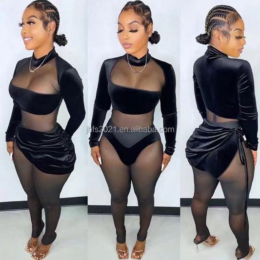 S / black J&H fashion sexy hot sale long sleeve high collar turtle neck bandeau see-through one piece jumpsuit mesh bodysuit club wear