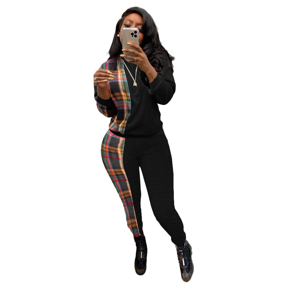 S / black KC Fashion casual Plaid printed sweater two-piece set women