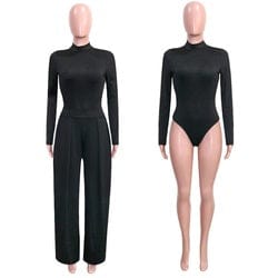 S / black KC round neck top+long pants sexy casual solid color slim fit street 2 pieces sets temperament OL women suits