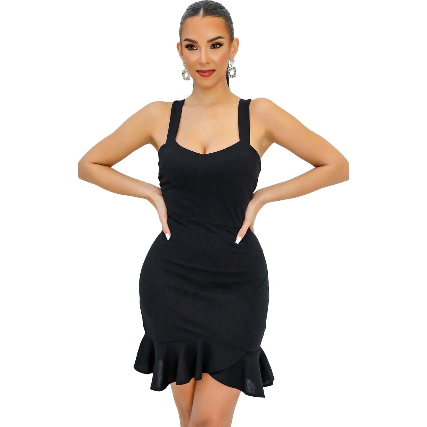 S / Black L28707 Fashion Solid Color Straps Ruffle Bodycon Dress
