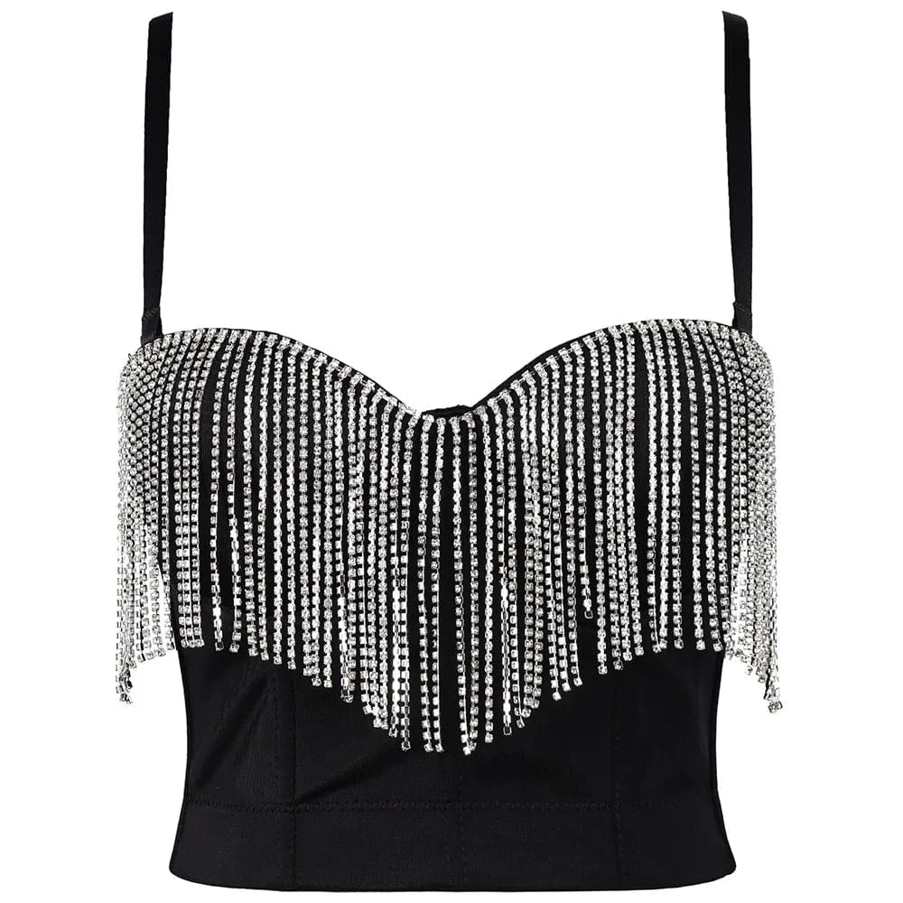 S / Black Ladies Sexy Party Bling Rhinestones Corset Cropped Top Trendy Diamond Bra Camisole Tank Top
