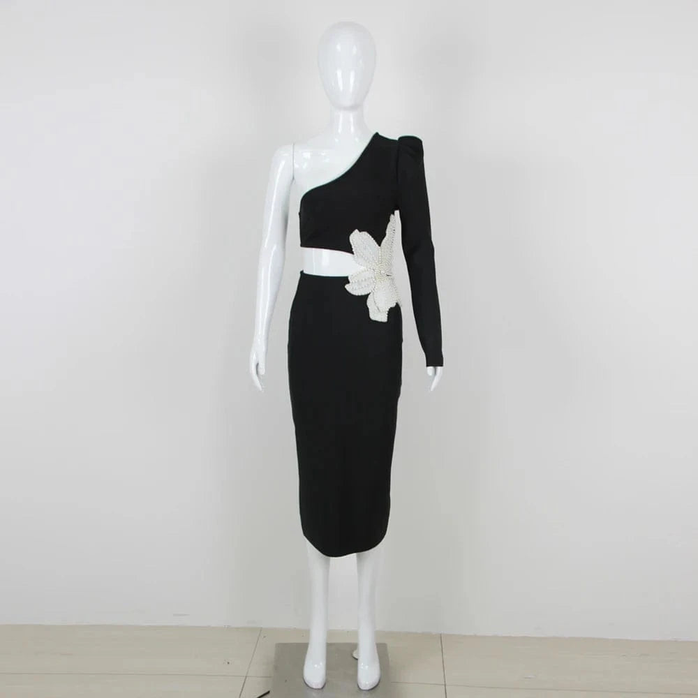 S / black Lady One Shoulder Long Sleeve Pearls Hollow Out Party Evening Dress