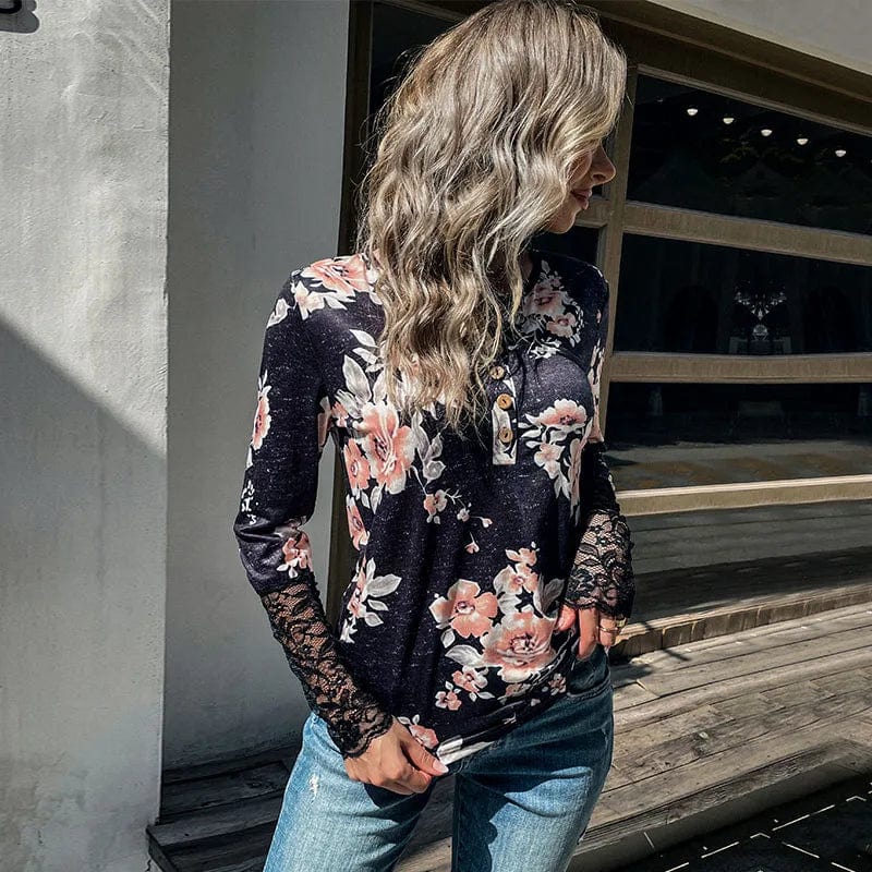 S / Black Latest Design Women Autumn Lace Splicing Casual Knit Floral Print Long Sleeve T Shirt