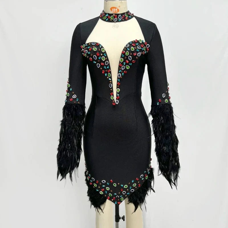 S / Black LS2366 New Arrival High Fashion Party Dresses Women Short Elegant Evening Dresses Feather Bandage Dress