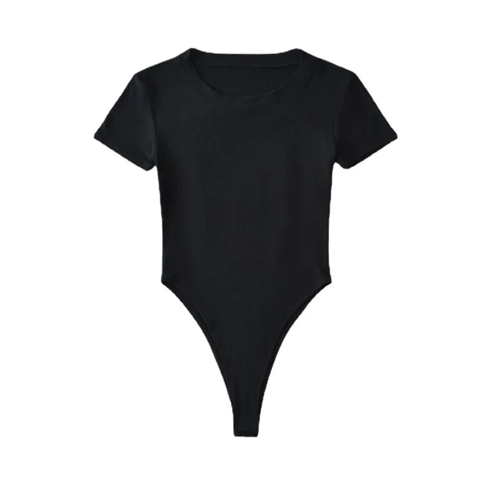 S / Black LULU Basic Classic Cotton Elastic rib stretchy back hollow out crew neck short sleeve under shape wear bodysuits for women