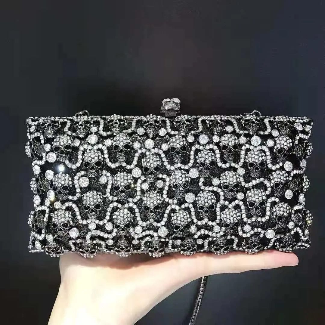 S / black Luxury  Ladies Crystal Skull Clutch Purse Wedding Prom Dinner Party Diamond Clutches Ladies Rhinestone Evening Bag