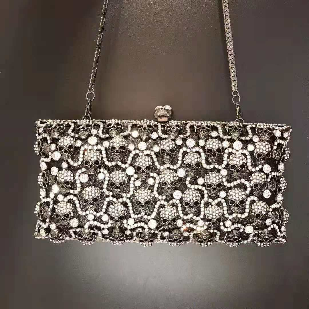 S / black Luxury  Ladies Crystal Skull Clutch Purse Wedding Prom Dinner Party Diamond Clutches Ladies Rhinestone Evening Bag