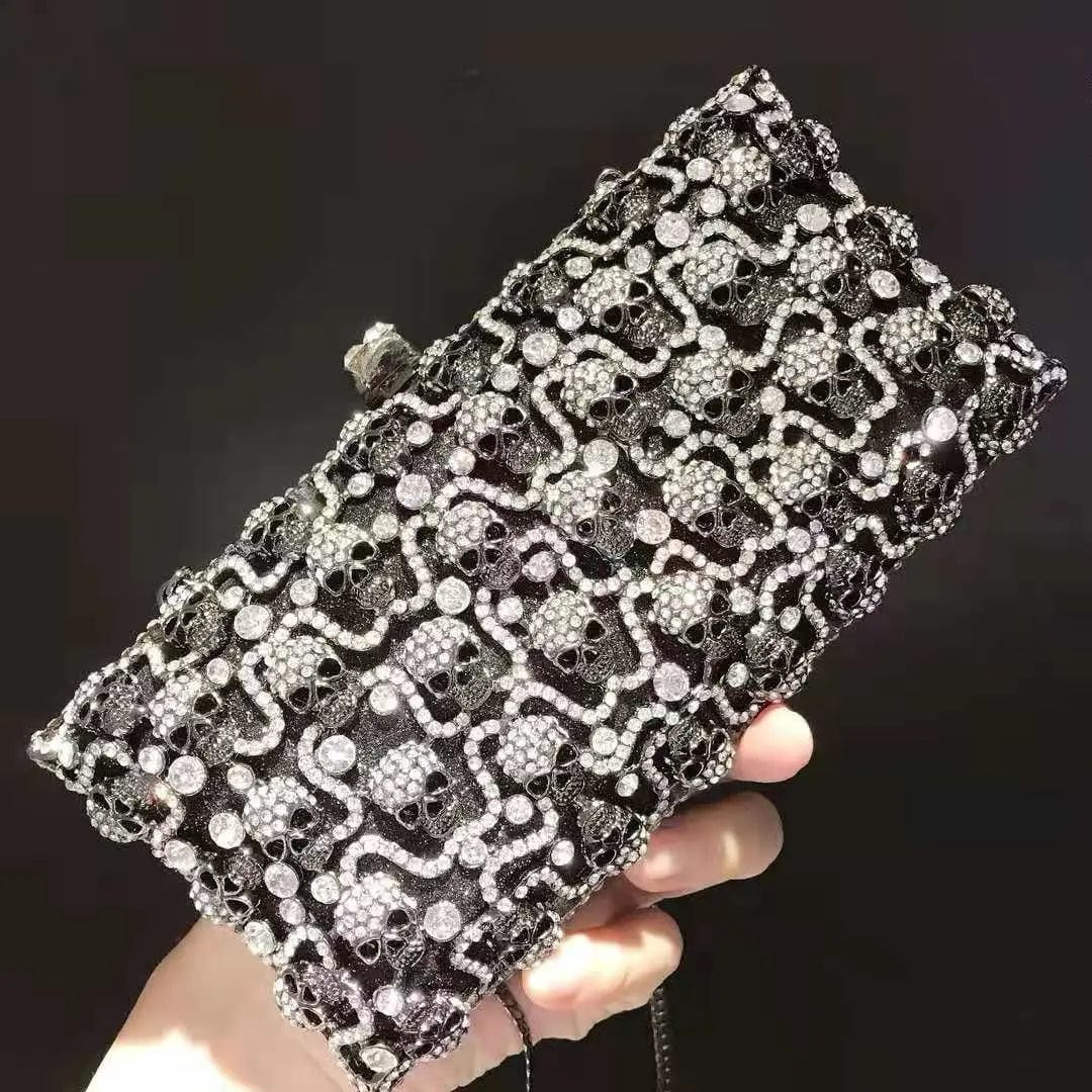 S / black Luxury  Ladies Crystal Skull Clutch Purse Wedding Prom Dinner Party Diamond Clutches Ladies Rhinestone Evening Bag