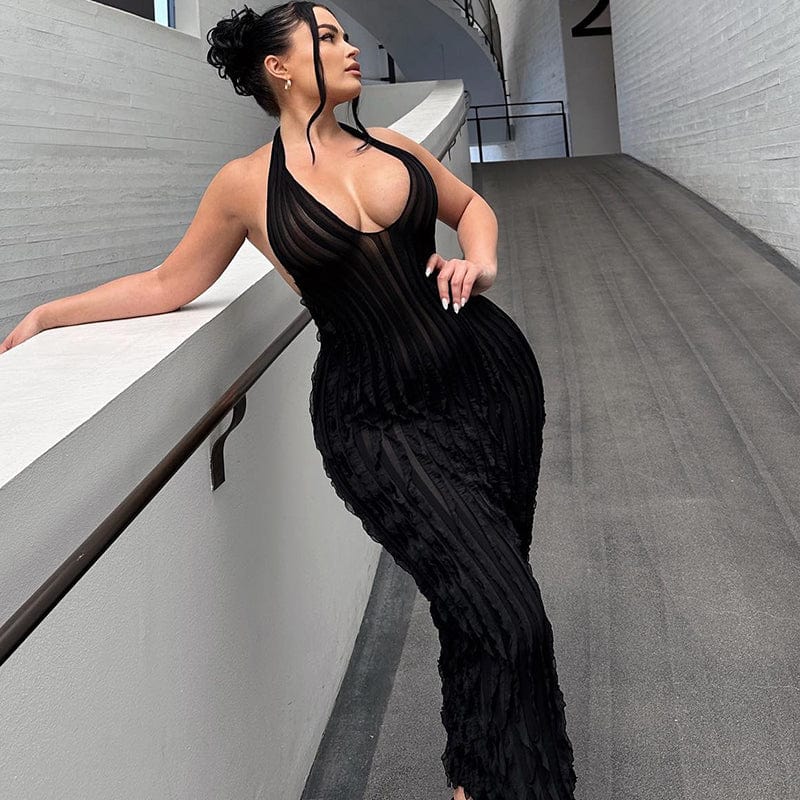 S / black Lygens 129 Halter Solid Backless Ruffle Mesh Stretch Slim Women'S Dresses Autumn Elegant Evening Prom Lady Casual Women Clothes