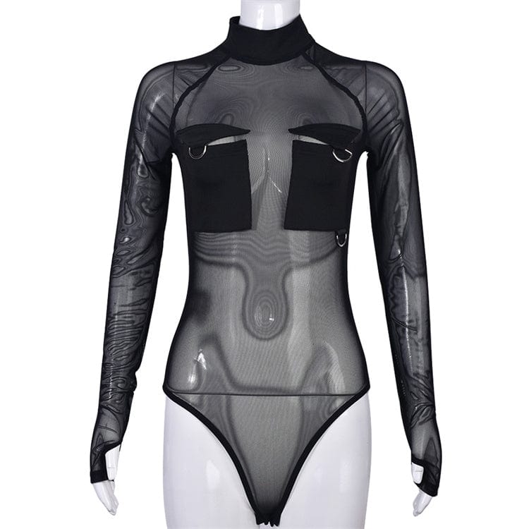 S / black Mesh Spliced Bodysuit Women 2023 Sexy One Piece Overalls Fashion Y2K Clothes Clubwear