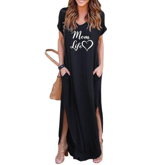 S / black MOM Life Print women maxi dress fashion clothes american dresses Plus Size long vestidos sexy 2022 summer casual dress