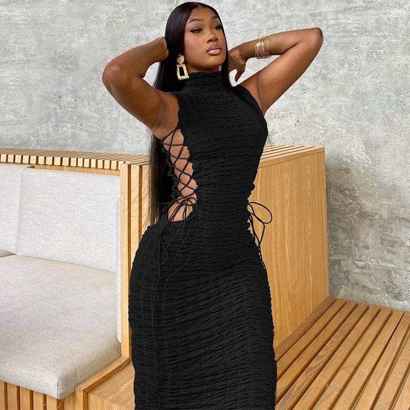 S / black New arrivals 2022 women crew neck sleeveless elegant dresses classic evening prom dress undefined hollow out lace up maxi dress