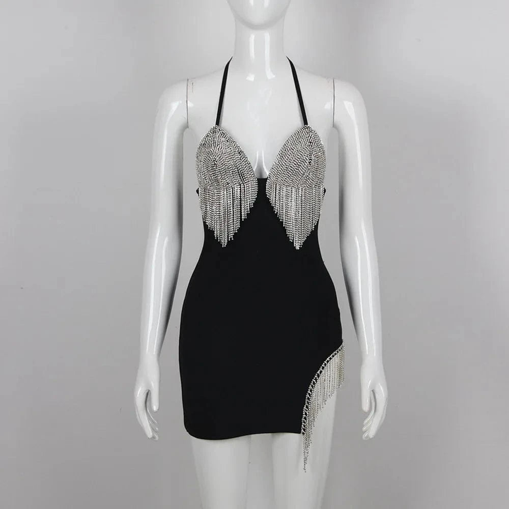 S / Black New Arrivals Women's Bodycon Sexy Crystal Tassel Halter Bandage Dress Party Dresses
