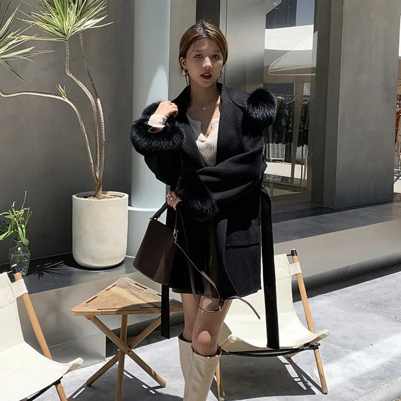 S / Black New Design Double Loose Size Wool Coats Women Cashmere Coat With Fur Fox Hood
