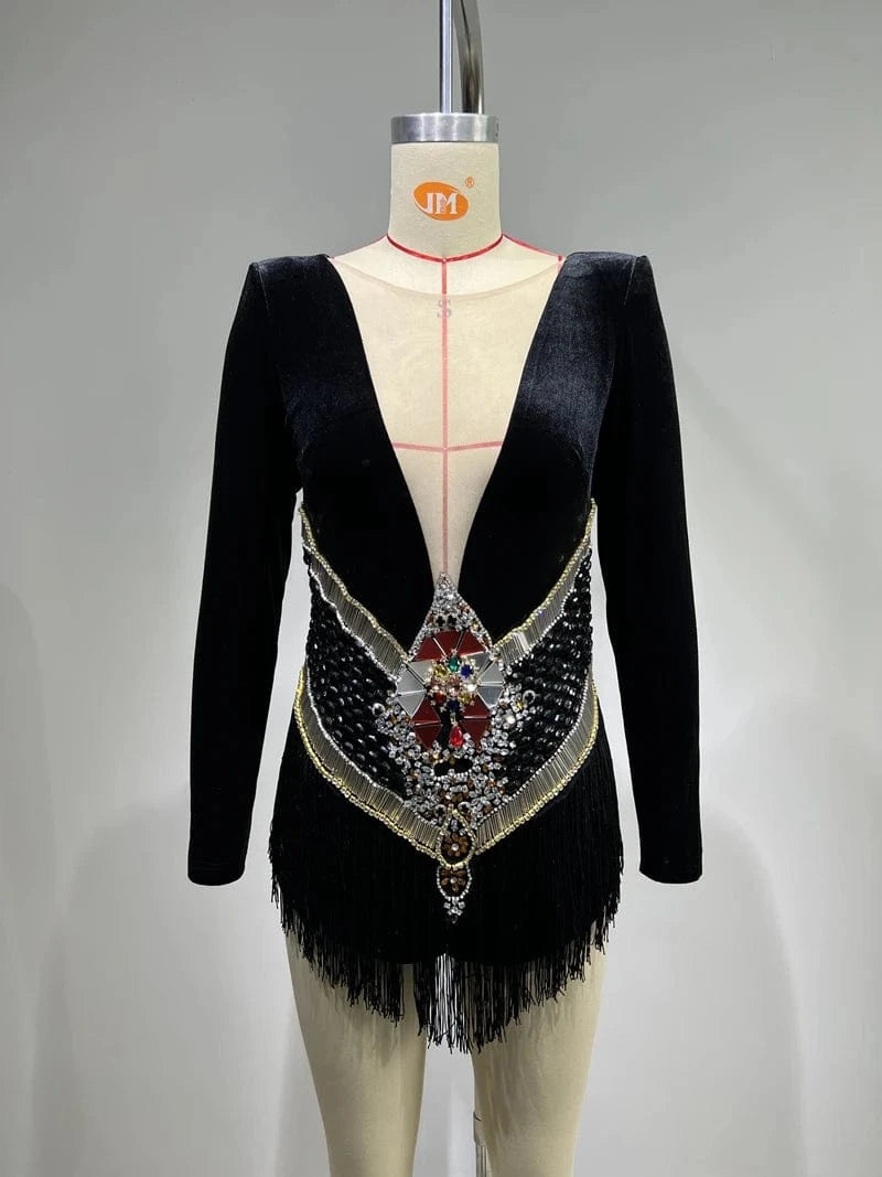S / Black New Fashion Black Deep V Neck Long Sleeve Dress Rhinestone Diamond Beading Sexy Party Ladies Dresses