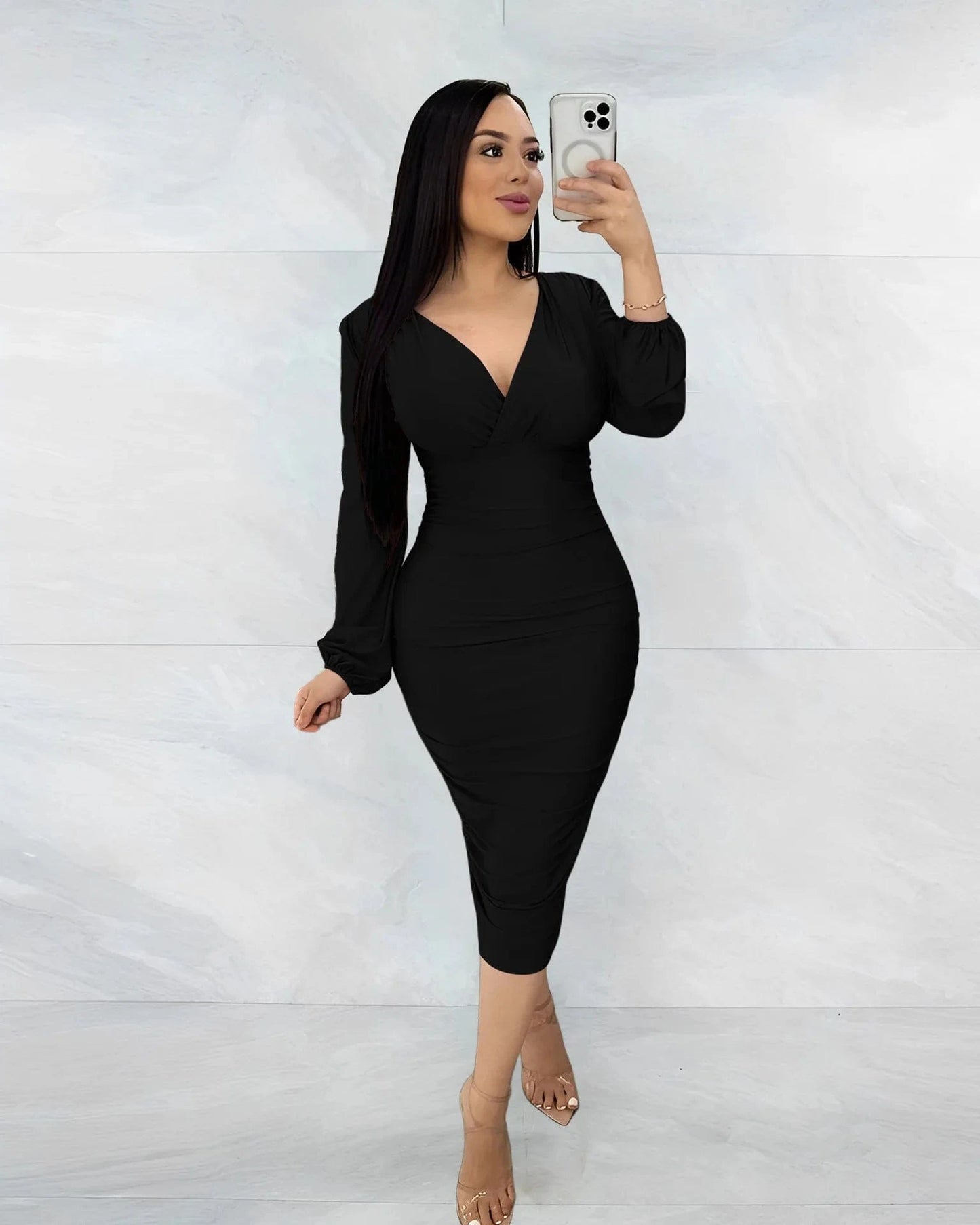 S / Black New Fashion Women Europe Sexy Lady Cross V-neck Fashion Pleated Dress Long Sleeve Women's Slim Evening Party Pencil Casual Dress