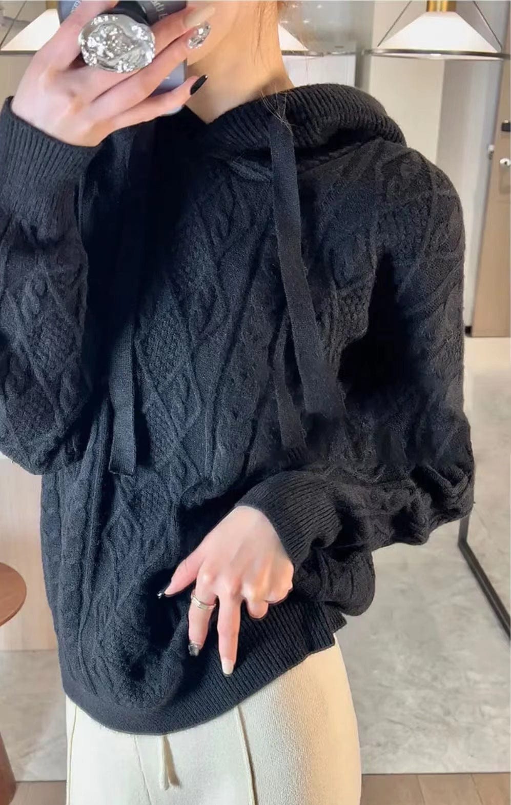 S / Black New Hooded Thickened Knit Women's Twists Sweater Warm in Autumn and Winter Loose Outside