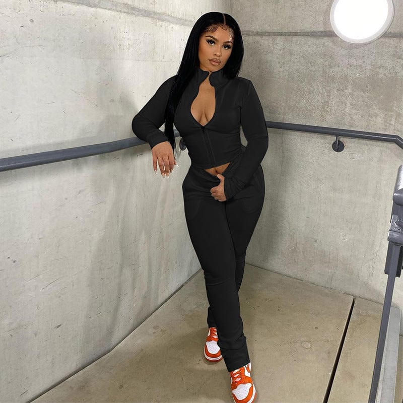 S / black New Style Women Solid Color Casual Front Zipper Full Long Sleeve Tops Sporty 	Jogger Pants Outfits Two Piece Pants Set Women