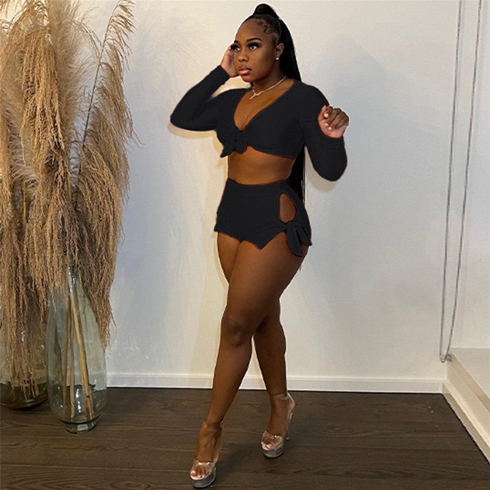 S / Black Newest Design Solid Color Long Sleeve Crop Top Hollow Out Shorts Summer Lace-Up Sexy 2 Piece Set Women
