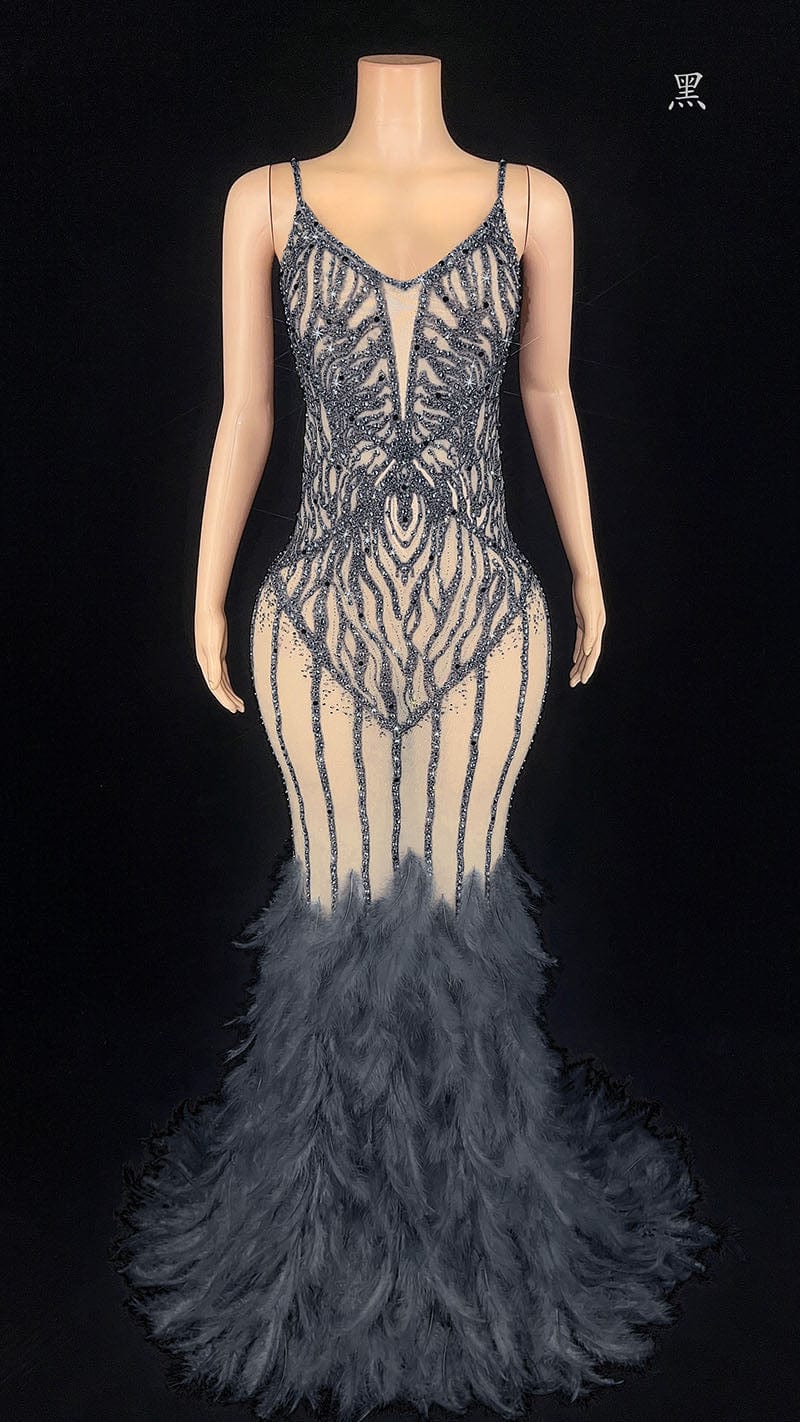 S / black NOVANCE evening dresses 2023 ball gown shiny diamonds gray feather dress with feathers vestidos elegantes para mujer for evening