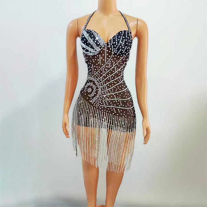 S / black NOVANCE Wholesale Popular with Low MOQ sexy women clothing mesh  rhinestones dresses gowns black women short dress 2023