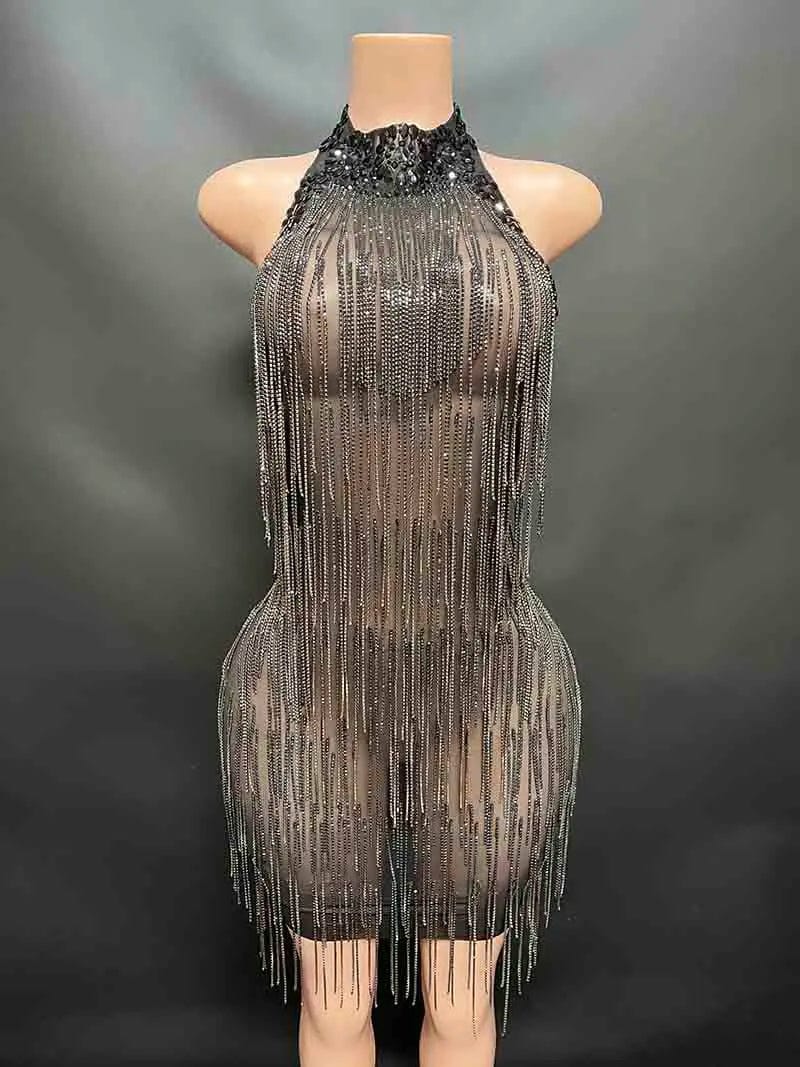 S / Black Novance Y2336 hot sale 2024 mini gold dresses women party sexy high neck luxury designer clothes for women with tassel