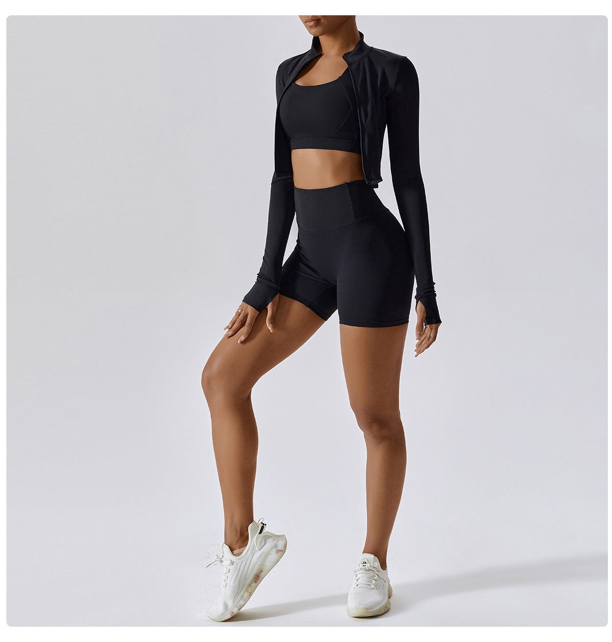 S / black OEM Workout outfits 3 pieces outdoor sports lulu naked tight yoga top jacket high waist shorts three pieces fitness yoga sets