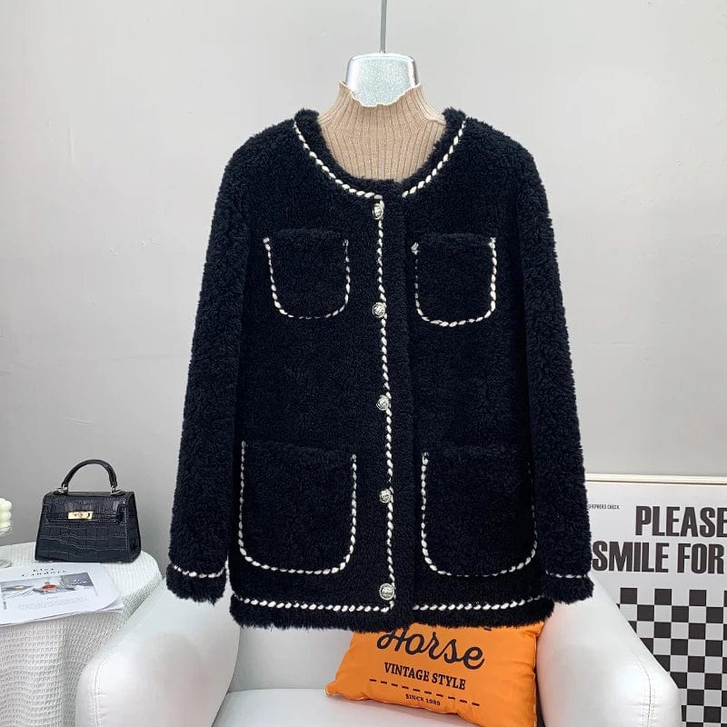 S / Black Office Lady Lamb Fur Warm Coat Female Girl Sheep Shearling Youth Jacket Winter Parka Overcoat JT3265