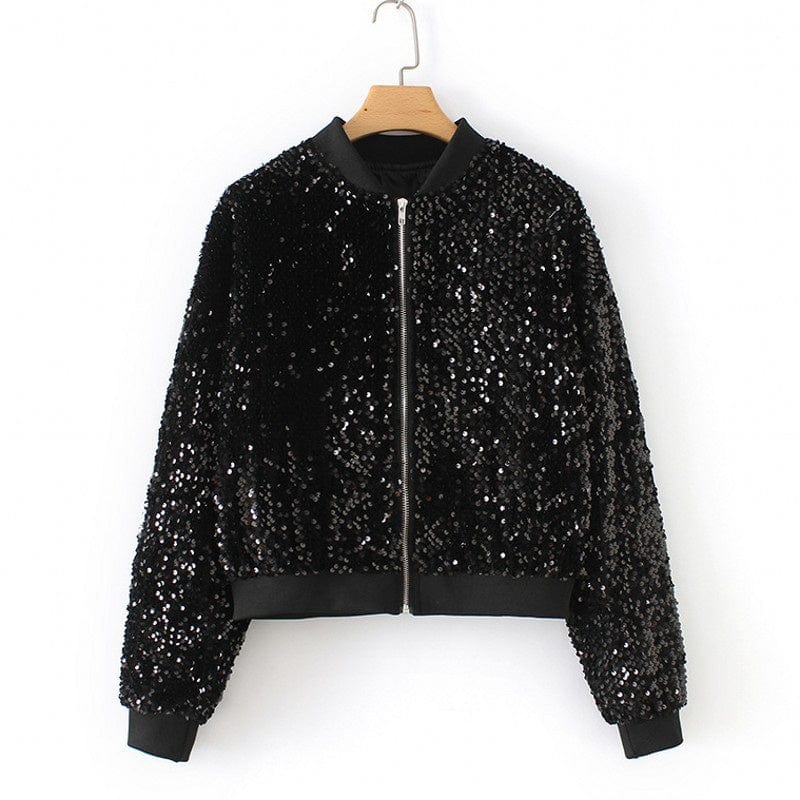 S / Black on both sides Spring High Quality Zipper Sequins Embroidery Jackets Casual Velvet Bomber Letterman Jacket Women