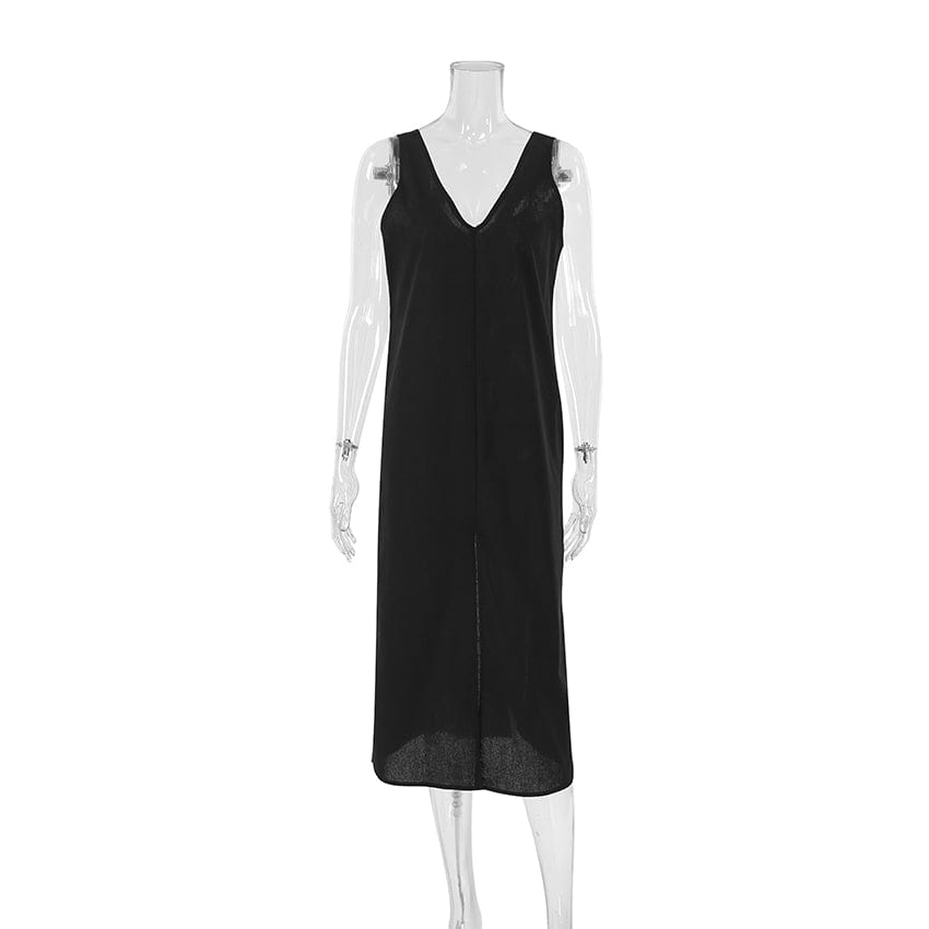 S / black OOTN Split Solid Female Nightwear Cotton 2023 Spring Woman Dresses Women Loose V Neck Sleeveless Sleepwear Casual Night Dress