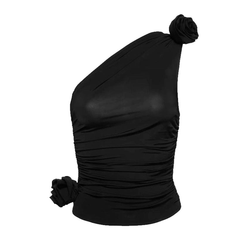 S / black OUDINA 2023 Three-dimensional Rose Flower Slanted Shoulders Blouse And Top Summer Knitted Vest Crop Tops For Women