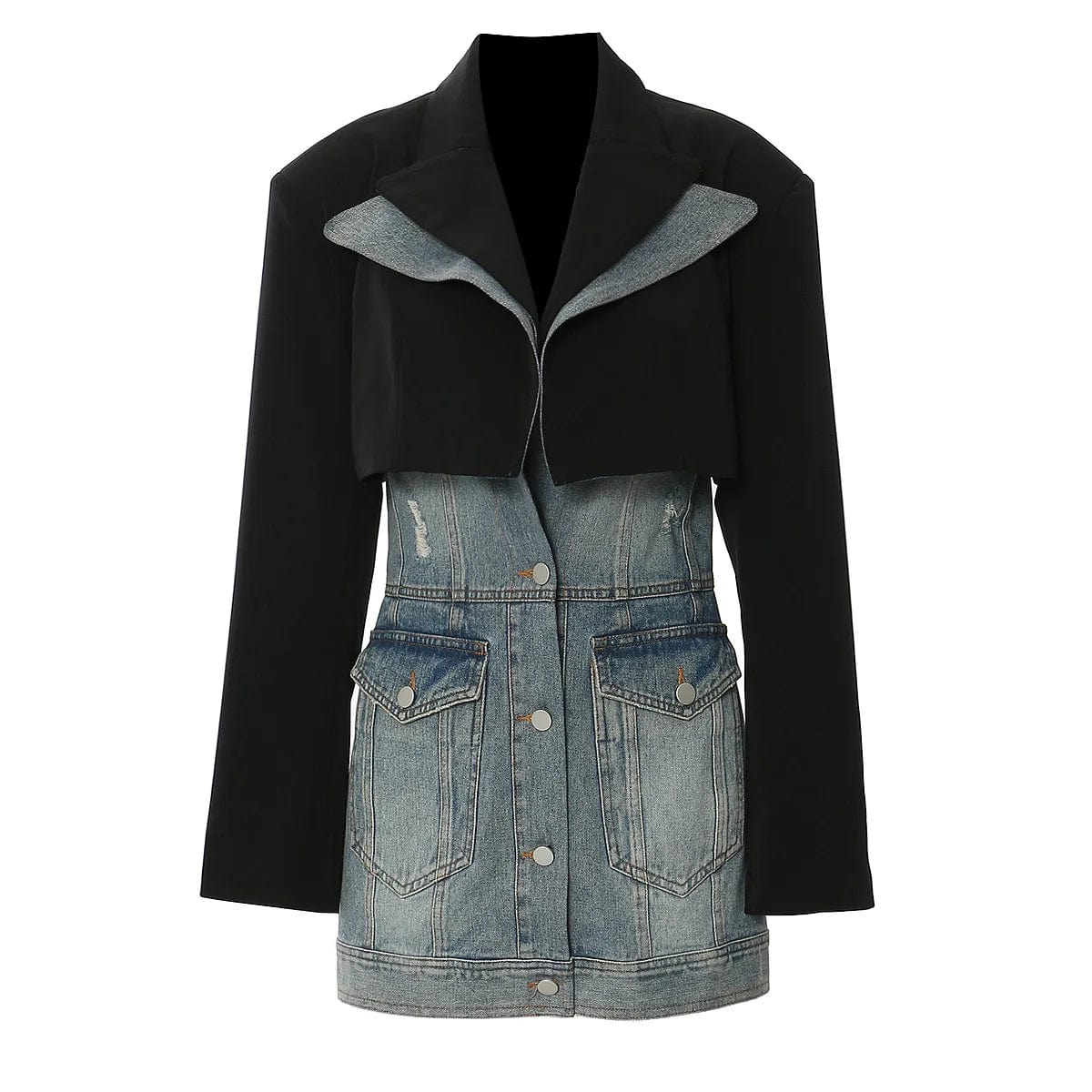S / Black OUDINA fashion Two Piece Sets Cropped Blazer Jacket Button Jean Dresses Denim Dress Women