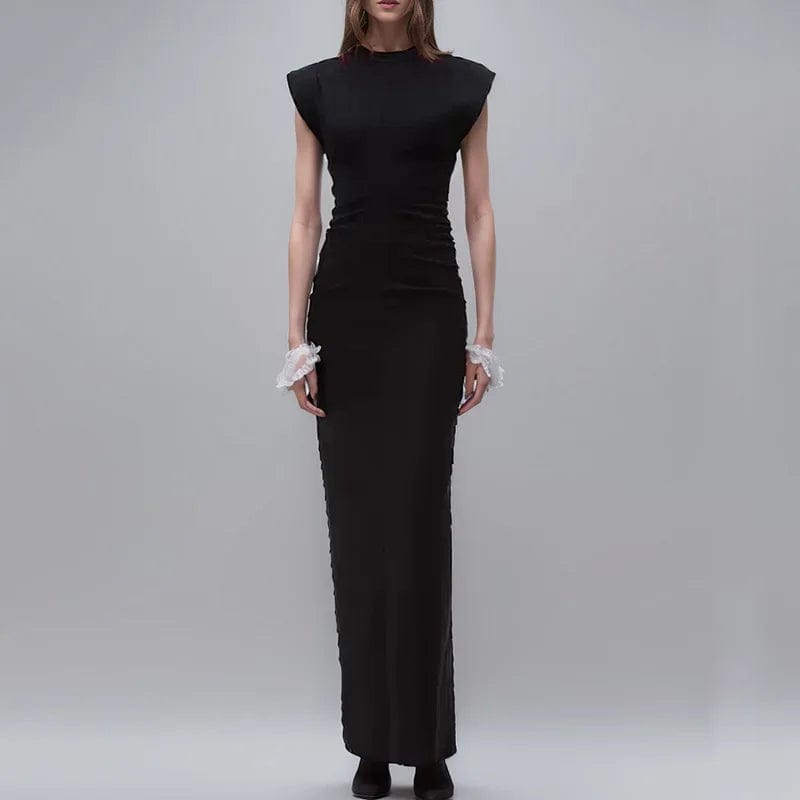 S / Black OUDINA French Pleated Knit Dress Spring New Lady Elegant Sleeveless Waist Slimming Long Dresses Women