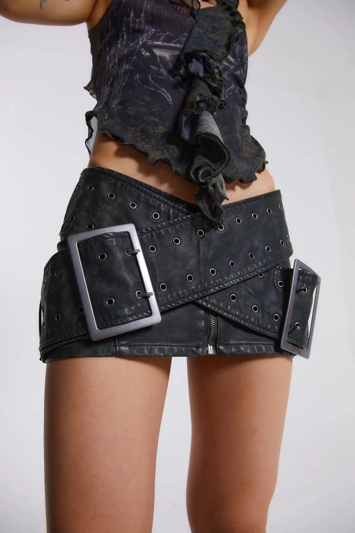 S / black OUDINA New Fashion Washed Pu Leather Skirts Double-breasted Hot Girl Sexy Mini Low Waist Skirt For Women