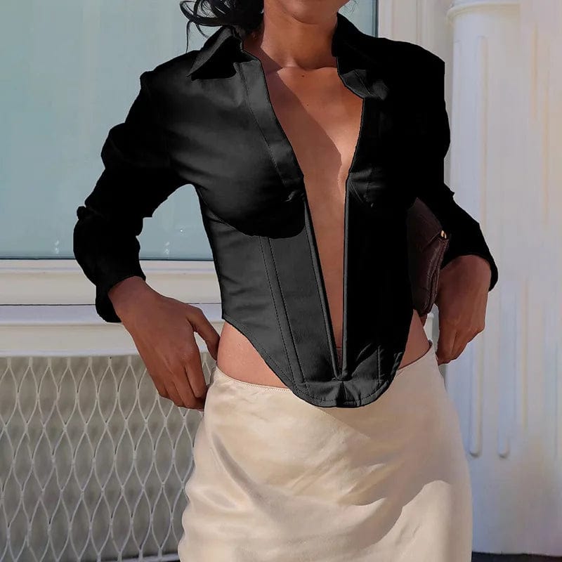 S / Black OUDINA New Fashionable Sexy Woman Tops Solid Color Hollow Lapel Slim Fit Irregular Crop Top