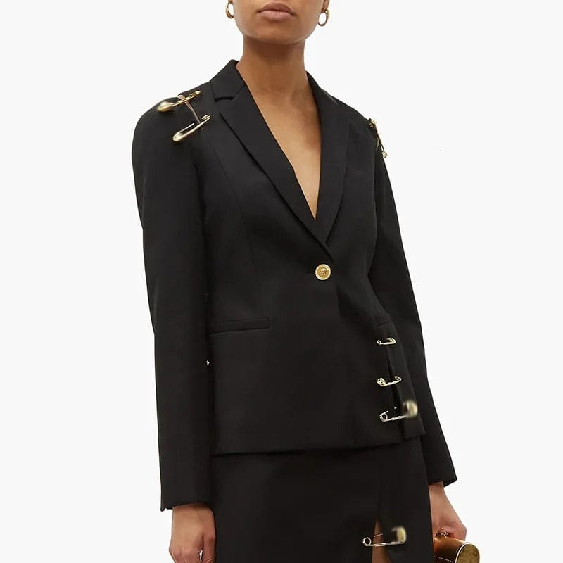S / Black OUDINA New Style Black Blazers Damas Mujeres 2024 Shoulder Mesh Patchwork Pin Decoration Blazer For Woman
