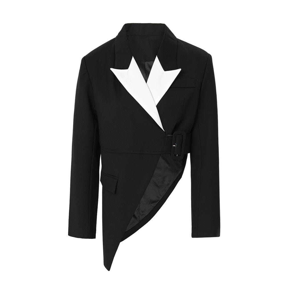 S / black OUDINA New Trendy Contrast Color Black White Asymmetric Ladies Suit Jacket Blazer Woman