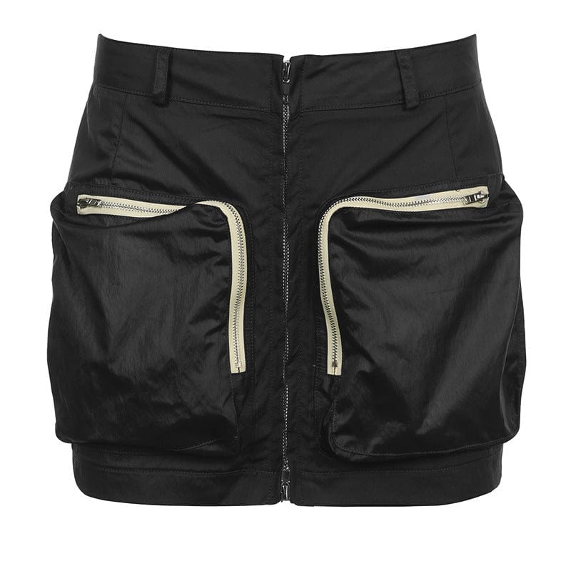 S / black OUDINA Trendy Wholesale Solid Color High Waist  Big Pocket Zipper Sexy Mini Cargo Short Skirts For Women Skirt