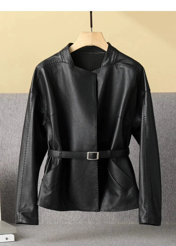 S / Black Pattern Genuine Leather Clothes Female Short Round Neck Collarless Leather Jacket Coat Short