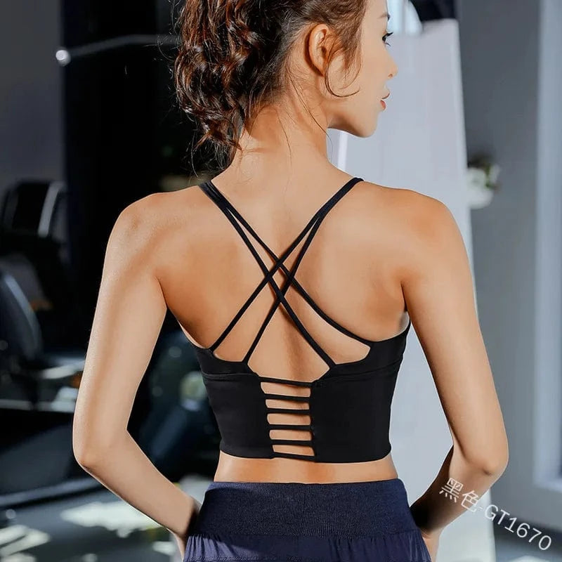 S / Black Plus Size Cross Beauty Back Sujetador Deportivo Seamless Wireless Running Yoga Bra Fitness Open Back Sports Bras For Womens