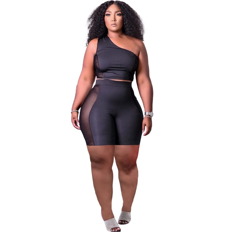 S / black plus size women's trending clothing summer 2023 sleeveless one shoulder crop tank top 2 two piece shorts set women for women