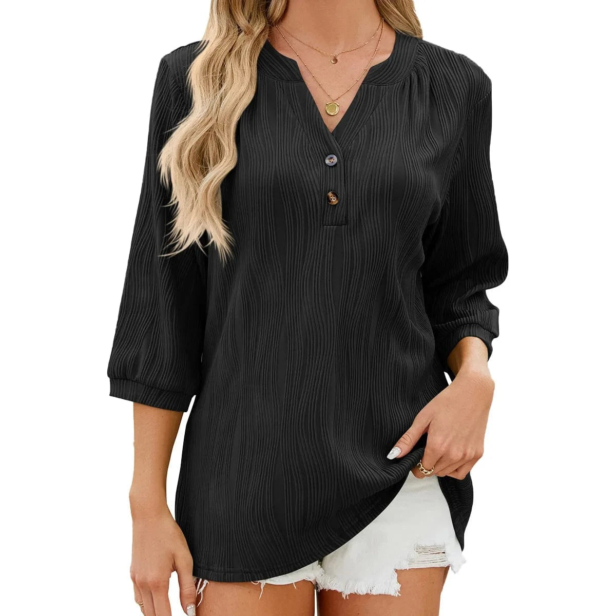 S / Black / Polyester / Cotton 2024 Spring and Summer Casual New Fashion New Solid Color V-neck Loose Button Middle Sleeve T-shirt Women's Top
