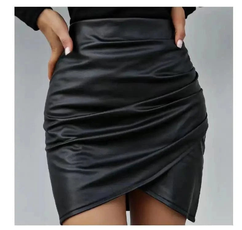 S / Black PU Leather Asymmetrical Mini Skirts High Waist Ruched Skirt Women Street-wear Autumn Winter Black Sexy Tight Pencil Skirt