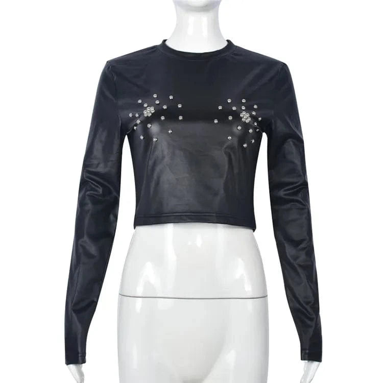 S / Black / PU Leather Beading O Neck Long Sleeves Sexy Slim Y2K T-Shirt Top 2024 Spring Women Fashion Tees