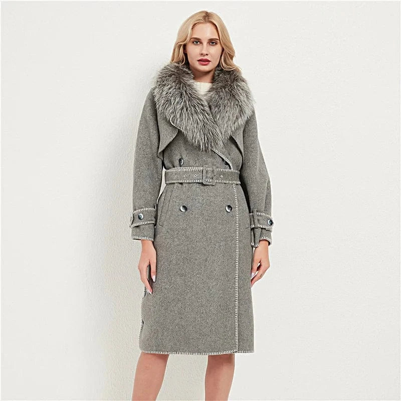 S / black Pudi women real fox fur coat jacket female lady wool blends fox fur collar coats jackets long trench CT037